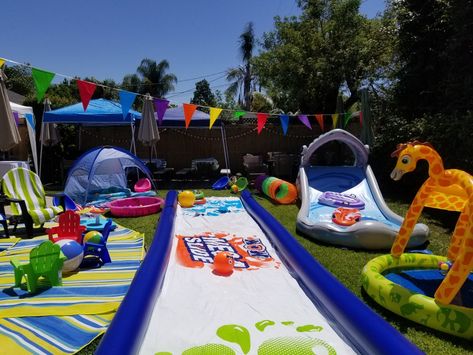 Water Park Birthday Party, Water Park Party, Water Birthday Parties, Backyard Water Parks, Pokemon Themed Party, Water Birthday, Birthday Party At Park, Backyard Birthday Parties, Splash Party