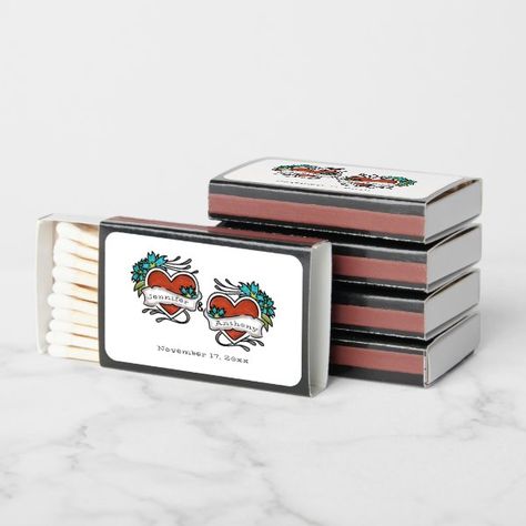 Tattooed Hearts, Tattoo Graphic Wedding Matchboxes Wedding Match Boxes, Tattoo Wedding, Hearts Tattoo, Tattoo Graphic, Wedding Tattoos, Wedding Favor Boxes, Client Gifts, Newlywed Gifts, Wedding Party Favors