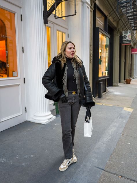 OUTFIT DETAILS: Levi's 501 jeans | Quince shearling jacket | Iro shavani jacket | Wolford Colorado bodysuit | Celine Triomphe belt | A.P.C. Sac Demi-Lune | Veja V-10 sneakers Chic Levi's Medium Wash Jeans, Levi’s 501 Street Style, Levis Denim Sherpa Jacket Outfit, Celine Triomphe Belt, Best Straight Leg Jeans, Levi’s Ribcage Straight Ankle Jeans Outfit, Levi’s Wedgie Jeans, Levi 501s, Veja V 10