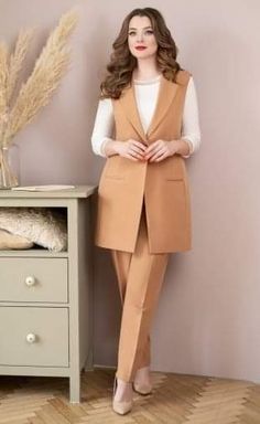 Female Waistcoat Outfit, Plus Size Women Dresses, Working Girl Style, Orange Fits, Frock Fashion, Sleeveless Blazer, Elegant Midi Dresses, Business Casual Outfits For Women