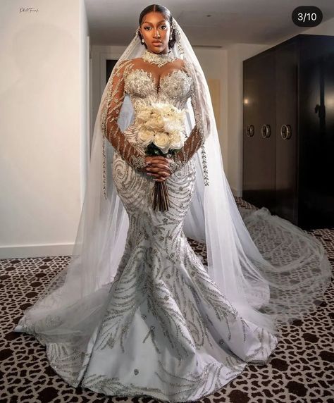 Wedding Dress Illusion, Plus Size Bridal Gowns, Crystal Mermaid, Tulle Gloves, Plus Size Bridal, Multi Dress, Fashion Marketing, Gowns Of Elegance, High Neck Long Sleeve