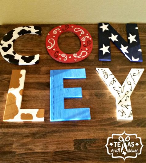 Western Letter Painting, Western Themed Nursery, Painted Letters Diy, Wood Letter Painting Ideas, Hand Painted Letters Wood, Letter Painting Ideas Wooden, Painting On Wood Letters Cute Ideas, Wooden Letter Painting Ideas, Wooden Letters Diy