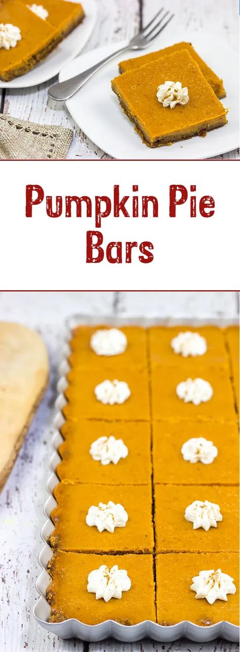 These Pumpkin Pie Bars feature a gingersnap cookie base, and they're the perfect sweet treat for Thanksgiving and holiday parties! Pumpkin Pie Bars Easy, Ginger Snap Crust, Spice Pound Cake, Gingerbread Crust, Traditional Pumpkin Pie, Pumpkin Yogurt, Pumpkin Swirl Cheesecake, Gingersnap Crust, Cookie Base