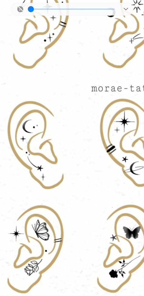 Unique Ear Tattoos For Women, Tragus Ear Tattoo Ideas, Lobe Tattoo Ideas, Butterfly Ear Tattoo Inner, Moon Phases Tattoo Ear, Cute Inner Ear Tattoos For Women, Moon And Stars Ear Tattoo, Eat Lobe Tattoo, Diamond Ear Tattoo