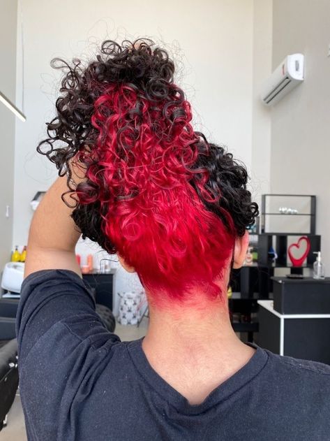 Peekaboo Hair Color On Wavy Hair, Curly Hair Dyed Underneath Red, Died Curly Hair Ideas, Curly Hair Dye Ideas Underneath, Halo Hair Dye Style Curly Hair, Red Underdye Hair Curly, Dyed Curly Hair Ideas Colour Red, Pick A Boo Hair Color Ideas, Black And Red Curly Hair