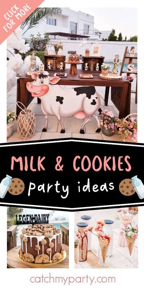 Don't miss this beautiful milk and cookies-themed birthday party! The party food is gorgeous! See more party ideas and share yours at CatchMyParty.com Cookie Themed Party, Cookies And Milk Birthday Party, Milk Birthday Party, Milk And Cookies Party, Milk And Cookies Birthday, Cookies Birthday Party, Cookie Birthday Party, Cookies Birthday, Girls Birthday Party Themes