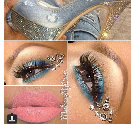 Diamond blue, make-up to match your Shoes. Denim And Diamonds Party, Diamonds And Denim Party, 2016 Makeup Trends, Diamond Clothing, Jewel Makeup, Face Rhinestones, Denim Party, Rhinestone Makeup, Diamond Party