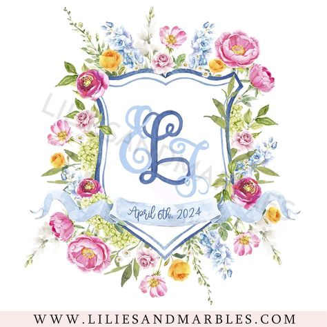 A custom watercolor wedding crest logo is a beautiful way to showcase your personality as a couple. Custom wedding crests are a way to bring personality and sophistication to your wedding stationery! This custom wedding crest can include flowers matching your wedding theme, your pet, venue or symbols meaningful to you, making it a stunning keepsake. Order yours from Lilies And Marbles studio and start using it to personalize everything for your wedding - from stationery to décor! Wedding Crests, Wedding Crest Monogram, Crest Invitation, Watercolor Wedding Map, Map Wedding Invitation, Venue Illustration, Wedding Crest, Custom Wedding Stationery, Crest Logo