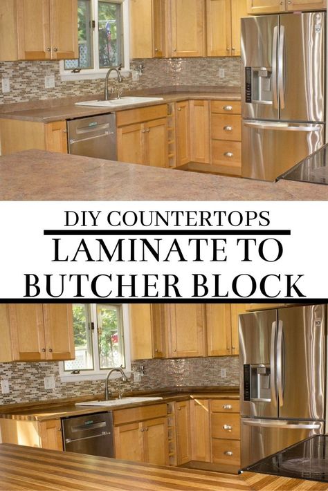 DIY Countertop Makeover from Laminate to Butcher Block for Less - ThirtySomethingSuperMom Laminate Butcher Block Countertops, Diy Countertop Makeover, Painted Countertops Diy, Diy Butcher Block Countertops, Kitchen Reference, Diy Countertop, Painting Laminate Countertops, Diy Butcher Block, Countertop Makeover