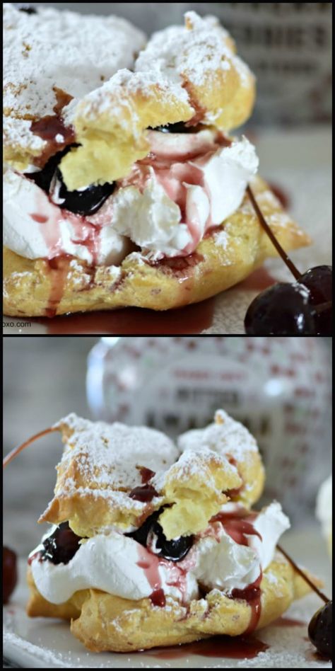 Amarena Cherry Cream Puffs Cream Puff Flavors, Easy Whipped Cream Recipe, Cream Puff Dessert, Chocolate Cream Puff, Puff Dessert, Cream Puff Recipe, Homemade Dessert, Cherry Desserts, Cream Puff