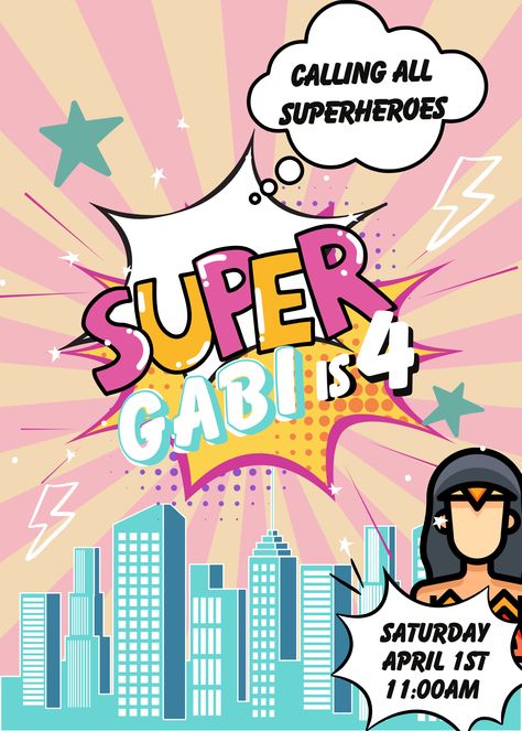 Superhero girl birthday party invitation Super Hero Birthday Party Ideas For Girl, Girl Spiderman Party, Superhero Girl Birthday Party, Superhero Invite, Superhero Girls Birthday, Girl Superhero Party, Superhero Girl, Superhero Birthday Invitations, Superhero Invitations