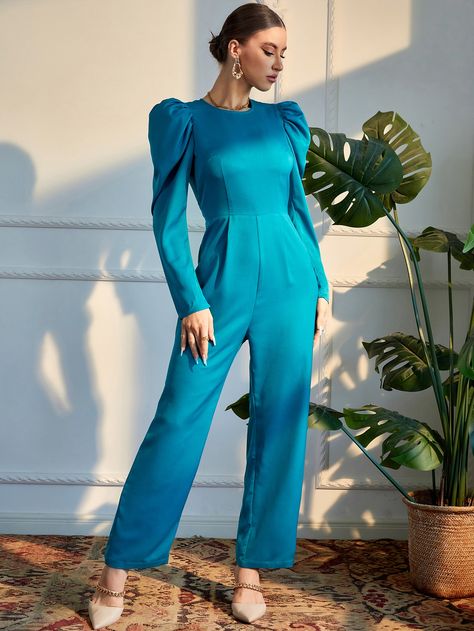 Jumpsuit Elegant Hijab, Satin Jumpsuit Outfit, Blue Jumpsuit Outfit, Elegant Hijab, Thesis Ideas, Grad Outfits, Satin Design, Gigot Sleeve, Burgundy Jumpsuit