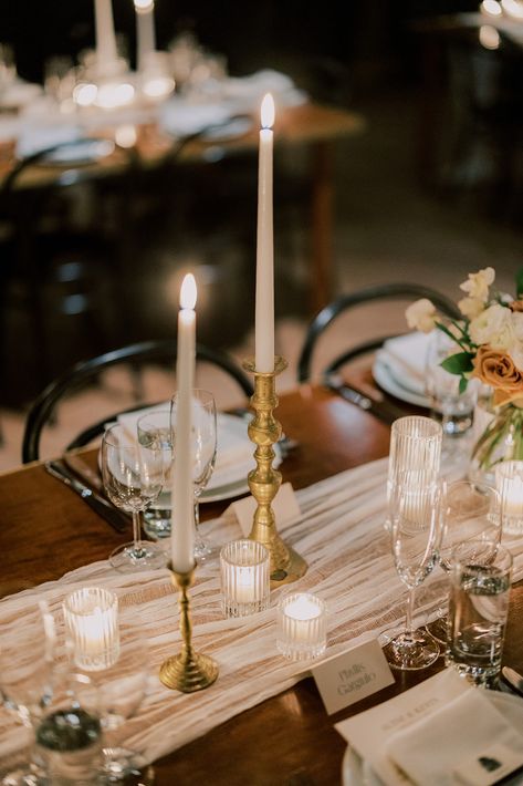 Classic and beautiful, bright and light wedding vibes. @rosehipsocial Bud Vases And Taper Candles, Brass Candlesticks Wedding, Candlesticks Wedding, White Taper Candles, Wythe Hotel Wedding, Elegant Vibes, Antique Brass Candlesticks, Wythe Hotel, Candle Sticks Wedding