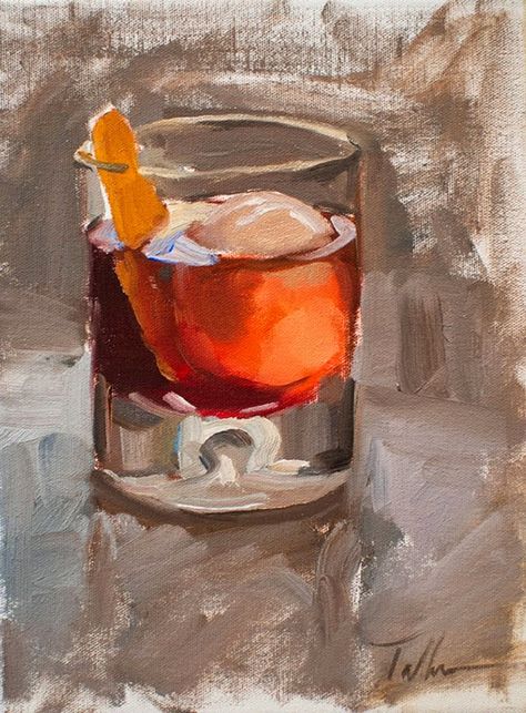 Matt Talbert - The Cocktail Painter | Gastronomista ( Old Fashioned) Cocktail Art Painting, Old Fashioned Cocktail Painting, Cocktail Oil Painting, Old Fashioned Painting, Paintings Of Cocktails, Cocktail Painting Acrylic, Bar Art Painting, Old Fashion Painting, Cocktail Painting