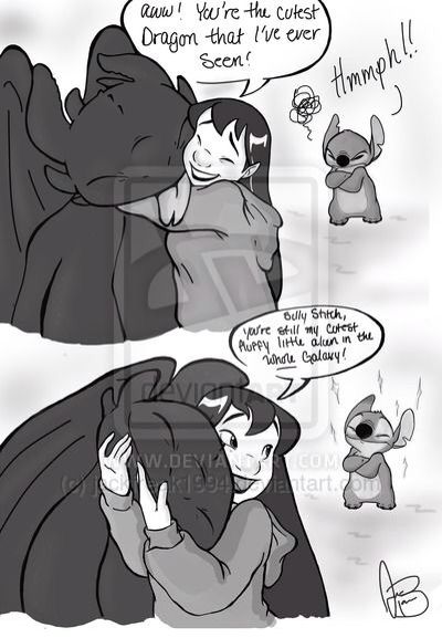 Lilo loves stitch more. ❤️ Toothless X Light Fury Fanart, Stitch And Toothless Wallpaper, Toothless And Stitch, Lilo And Stitch Quotes, Disney Crossovers, Film Disney, It Funny, Disney Jokes, Cartoon Crossovers