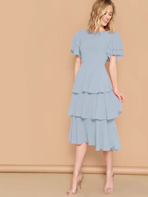 Layered Hem Dress, Outfit 2023, Layer Dress, Shein Style, Hem Dress, Fit Flare Dress, Women Dresses, Flared Sleeves, Pleated Dress