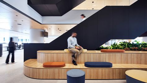 This Sydney Office by GroupGSA Features a Striking Staircase - Interior Design Stair Seating, Office Reference, Laminate Reception Desk, Raised Floor, Staircase Interior Design, Wellness Room, Tiered Seating, North Campus, Bench Design