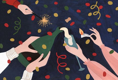 Illustration by Evgeniya Skubina instagram evgeniya.skubina, www.skubina.ru #illustration #newyearcard #newyearillustration #newyear Behance Illustration, Puzzle Logo, Christmas Card Illustration, New Year Illustration, New Year Art, New Years Poster, 카드 디자인, Holiday Illustrations, Christmas Illustration