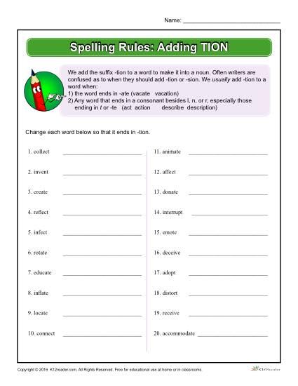 With this helpful worksheet on spelling rules, students will be asked to add -tion to each given word in order to change its meaning. Click here to view! Suffixes Worksheets, Ing Words, Teaching Spelling, Spelling Rules, Spelling Worksheets, Grade Spelling, Root Words, Teacher Worksheets, Spelling Words