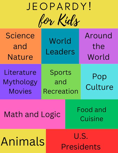 100 of the Best Kids Jeopardy Questions: Fun Learning Challenge. Check out loads of awesome Jeopardy! Questions for kids with 10 great categories! Jeopardy Questions, Learning Challenge, Diy Kids Games, Facts For Kids, Game Nights, Fall Crafts For Kids, Crafty Kids, Halloween Crafts For Kids, Jokes For Kids