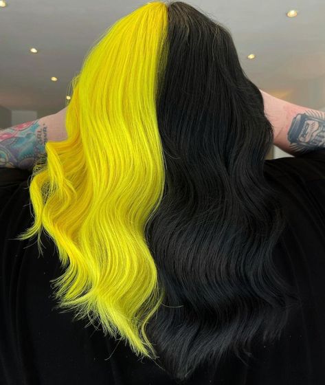 Jeryl on Instagram: “BEE the Change 🌝🐝 by @douglasreidhair #hotonbeauty” Half Black Half Yellow Hair, Half N Half Hair Color, Half N Half Hair, Yellow And Black Hair, Hair Colora, Bee The Change, Fantasy Inspo, Yellow Hair Color, Half And Half Hair