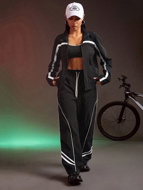 Women's Sporty Vintage & Casual Tracksuit For Daily Wear Black     Colorblock,Striped Pants Non-Stretch  Women Activewear, size features are:Bust: ,Length: ,Sleeve Length: Women In Tracksuits, Casual Sportswear Women, Tracksuit Women Fashion, Designer Joggers, Colorful Street Style, Vintage Tracksuit, Womens Loungewear Sets, Style Sportif, Casual Sportswear