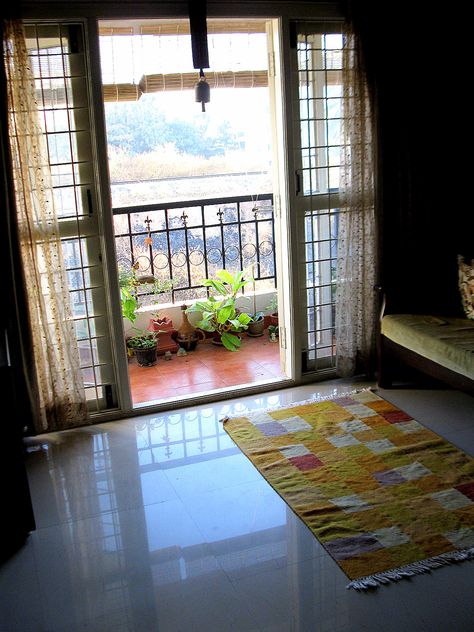 Colours Dekor: Green Thumb Decor ~ Ambika Balcony Door Design, Balcony Door, Indian Room Decor, Indian Bedroom Decor, Balcony Ideas Indian, Small Balcony Garden, Indian Home Interior, Ethnic Home Decor, Small Balcony Decor