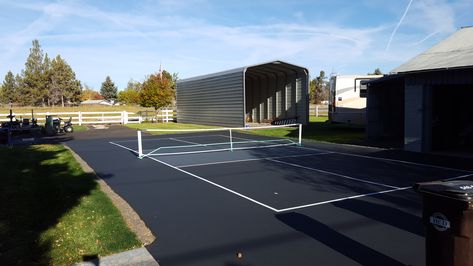 Driveway Pickleball Court Driveway Pickleball Court, Pickleball Basketball Court Backyard, Pickleball Basketball Court, Rooftop Pickleball Court, Basketball Pickleball Court, Residential Pickleball Court, Backyard Court, Backyard Basketball, Backyard Sports