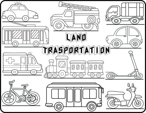 Land Transport is set to be colored. coloring book to educate kids. Learn colors. visual educational game. Easy kid gaming and primary education simple level of difficulty. Coloring worksheet pages. Land Transportation Worksheet, Easy Kid Drawings, Drawings Of Hair, Kid Drawings, Easy Games For Kids, Land Transport, Outline Pictures, Transportation Worksheet, Easy Hairstyles For Kids