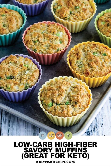 Pinterest image for Low-Carb High-Fiber Savory Muffins in all colors of silicone muffin cups and sitting on a baking sheet. High Fiber Muffins, Savory Breakfast Muffins, Grain Free Breakfast, Low Glycemic Diet, Low Carb Muffins, Savory Muffins, Flax Seed Recipes, Low Carb Treats, High Fiber Foods