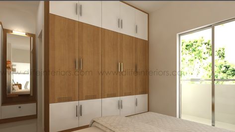 Balsam - A full wall length wardrobe in Walnut Bonze and Glossy White finish. This wardrobe design is more suitable for comparatively spacious bedrooms. Wadroob Design Bedroom Indian, Small Room Wardrobe Ideas, Modern Wooden Cupboard Design, Wooden Wardrobe Designs, Latest Cupboard Designs, Wooden Cupboard Design, Wall Wardrobe Design, Wooden Wardrobe Design, Bedroom Built In Wardrobe