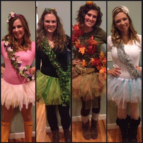 Four seasons Halloween costume. Easy to make. Low cost. DIY. #springsummerfallwinter Four Seasons Halloween Costume, Seasons Halloween Costume, Four Seasons Costume, Halloween Costume Easy, Diy Group Halloween Costumes, Teacher Halloween Costumes, Bff Halloween Costumes, Halloween Coustumes, Holloween Costume