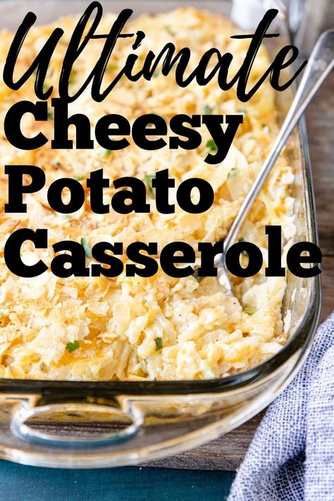 SUPER EASY RECIPE!!! Cheesy Potato Casserole is the PERFECT potato side dish to go with any menu. Shredded hash browns are mixed with cheese, cream soup, spices, and green onions, and then topped with crushed potato chips! Entertaining Food Dinner, Cheesy Potato Side Dishes, Meal Train, Easter Dinner Menus, Potato Side Dish, Cheesy Potato Casserole, Shredded Hash Browns, Meal Train Recipes, Cheesy Potato