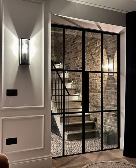 Corner Townhouse, Basement Flat, Basement Doors, Iron Railing, London House, House Extension, Basement Design, Beautiful Lighting, Stairs Design