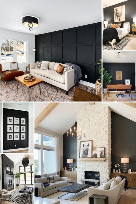 Looking to add bold character to your decor? A black accent wall is an easy way to achieve a unique look. These black accent wall ideas will get you going. Accent Black Wall Living Room, Black Accent Wall Living Room Ideas, One Black Wall Living Room, Black Home Accents, Living Room With Black Accent Wall, Black Accent Wall Kitchen, Black Wood Accent Wall, Living Room Black Accent Wall, Black Accent Wall Dining Room