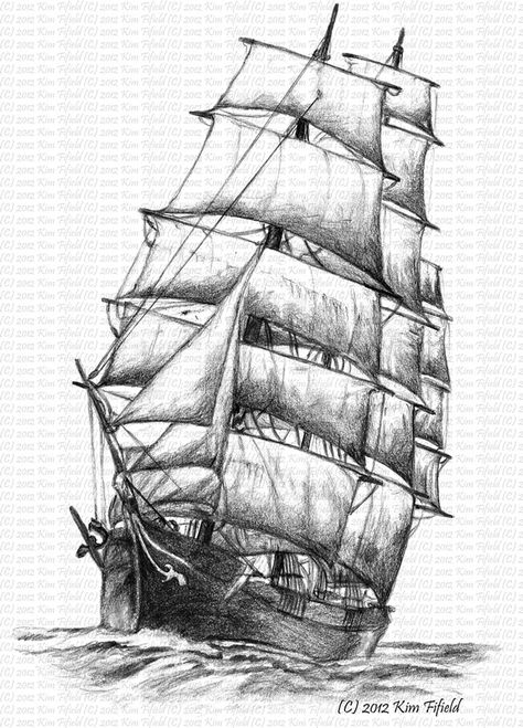 Pencil drawing of the Sailing Ship Windermere. Logo redraw for  Java Sea Trading Company   - they have great cabinets, love those traditi... Pirate Ship Drawing, Ship Sketch, Boat Tattoo, Navi A Vela, Boat Drawing, Old Sailing Ships, Desen Realist, Ship Tattoo, Ship Drawing