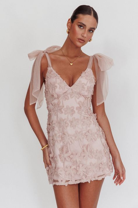 Mykonos Morning Tied Shoulder Embellished Mini Dress Blush by Selfie Leslie Short Colorful Dress, Quince Guest Dress, Welcome Party Dress, Winter Formal Dresses Short, Winter Dance Dresses, Sisterhood Round, Brunch Dresses, Tulle Straps, Pink Dress Shoes