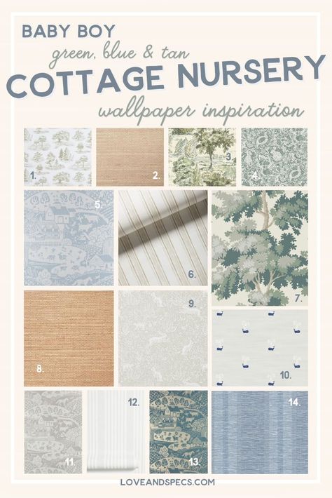 Boy Nursery With Wallpaper Accent Wall, Cream And Blue Nursery, Light Blue And Green Nursery, Blue Nursery Wallpaper, Little Boy Wallpaper, Wallpaper Nursery Boy, Baby Boy Nursery Wallpaper, Cottage Playroom, Nursery Wallpaper Ideas