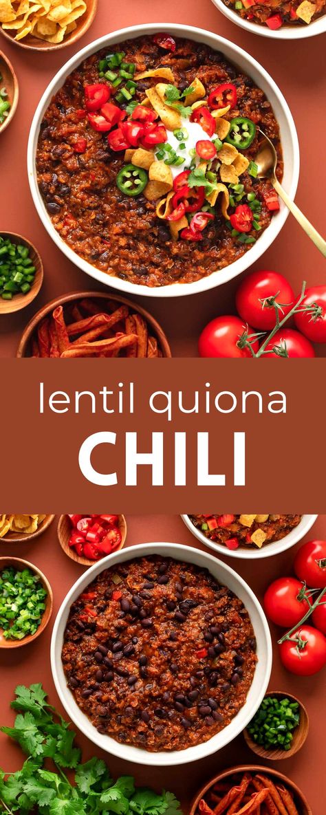 bowls of red lentil quinoa chili and toppings Smokey Red Lentil Soup, Lentil Quinoa Chili, Red Quinoa Recipes, Chunky Soups, Red Lentil Chili, Vegan Quinoa Chili, Quinoa Chili Recipe, Vegetarian Snacks Easy, Lentil Quinoa