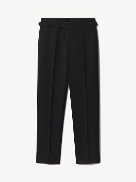 Hand-finished tab-waist tuxedo pants in an Italian wool mohair barathea suitable for black-tie events. | Men's J.Mueser X Buck Mason Troubadour Tuxedo Trouser in Black, Size 36 Italian Pants Men, Smart Pants Men, Tuxedo Pants Men, Italian Pants, Black Trousers Men, Buck Mason, Black Tie Attire, Mens Smart Casual Outfits, Smart Casual Men