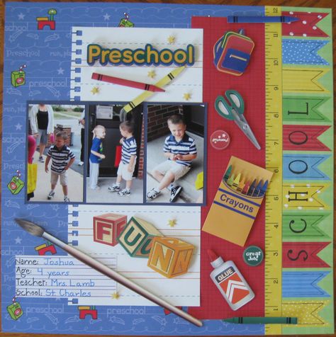 First day of Preschool - Scrapbook.com Preschool Layout, Preschool Scrapbook, Scrapbook Tricks, Ruth Brown, Snow Ideas, School Layout, School Layouts, Scrapbook School, School Scrapbook Layouts