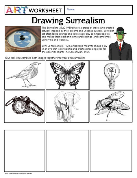 Teaching combining objects and animals for elementary middle and high school art class Art History Elementary Lessons, Surrealism Art Projects High School, Quick Art Projects For High School, Drawing High School Projects, Art Lesson Ideas High School, Art Sub Plans Middle School, Middle School Art Projects Ideas, Art Class Ideas For Kids, Art Class High School