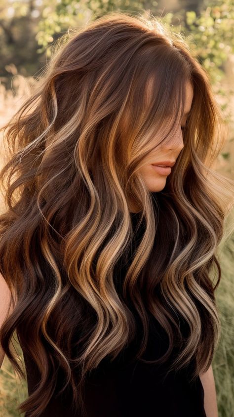 This stunning image highlights a radiant brunette balayage that blends rich, dark tones with sun-kissed caramel highlights, creating a warm and luminous effect. The model’s voluminous, wavy hair enhances the color contrast, giving it a lively and dynamic appearance. This style is ideal for those with medium to dark hair who wish to brighten their look without a complete color overhaul. To maintain this vibrant balayage, regular conditioning and color-safe products are essential. This versatile h Vibrant Balayage, Voluminous Wavy Hair, Brunette Balayage, Brunette Balayage Hair, Caramel Highlights, Balayage Brunette, Color Contrast, Balayage Hair, Sun Kissed