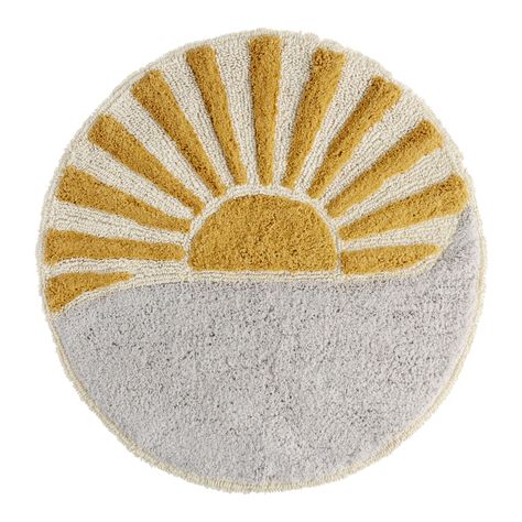 A mood-boosting bathroom accessory, our exclusive tufted bath mat has a cheerful yellow sun and blue wave design on a white ground. With a plush high-low texture and round shape, it protects your floors and provides a soft underfoot feel when you step out of the bath or shower. Material: Cotton, Color:Blue > Yellow. Also could be used for bathroom rug,bathtub mat,shower mat,bath rug,bathroom decor. By Cost Plus World Market.609688 Bathroom Rugs And Mats, Cotton Bath Mats, Yellow Sun, Bath Rugs Sets, Wave Design, Rug Sets, Blue Waves, Kids' Bathroom, World Market