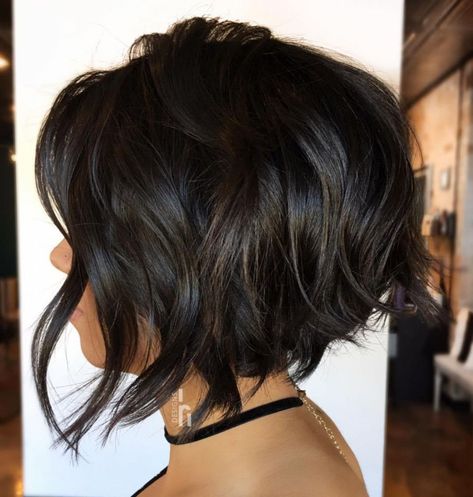 Uneven Messy Black Bob Stacked Haircut, Short Textured Bob, Stacked Bob Haircuts, A Line Haircut, Inverted Bob Haircuts, Line Bob Haircut, Stacked Haircuts, Inverted Bob Hairstyles, Stacked Bob Hairstyles