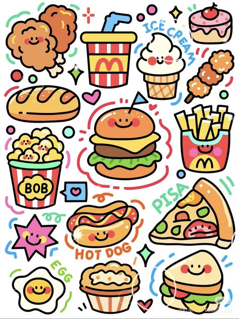 Food Doodles Aesthetic, Stiker Food Cute, Kawaii Food Stickers, Cute Cartoon Food, Kawaii Clipart, Cute Easy Doodles, Drawing Aesthetic, صفحات التلوين, Cute Drawing