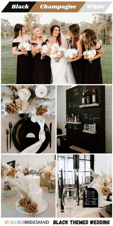 Black, Champagne and White Wedding Color Ideas 2024：Consider a classic white wedding dress and black bridesmaid dresses with white and champagne bouquets. Champagne color can be incorporated through accessories like table centerpiece or wedding cake flowers. Black table settings and black backdrop are also good ideas. #weddingcolors #weddingideas #blackweddings #colsbm #2024 #bridesmaiddresses #blackchampagneandwhite White And Black Wedding Theme, Black And Champagne Wedding Colors, Champagne And White Wedding, Wedding Colora, Classy Wedding Colors, Champagne Wedding Colors Scheme, Champagne And Black Wedding, Black Champagne Wedding, Wedding Color Themes