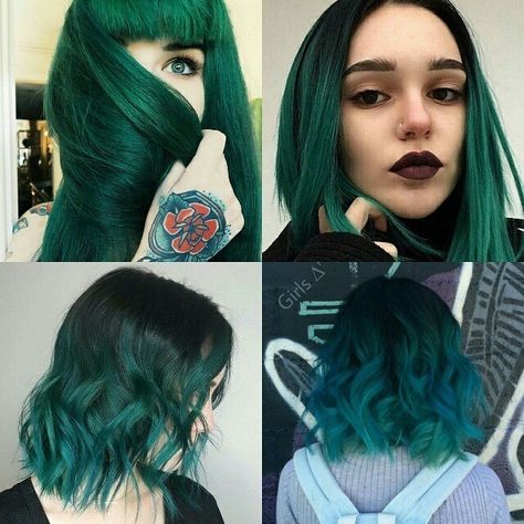 Pine Green Hair, Dark Green Hair With Bangs, Dark Green To Light Green Hair, Phtalo Green Hair, Bluish Green Hair, Green Multicolor Hair, Dark Green Hair, Hair 101, Hair Color Unique