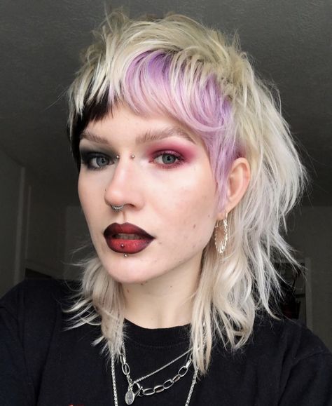 Punk Color Hair, Green And Platinum Hair, Short Fashion Color Hair, Lavender Mullet, Dyed Bangs Short Hair, Baby Bangs Mullet, Cyndi Lauper Hair, Ponytail Bandana, Purple Mullet