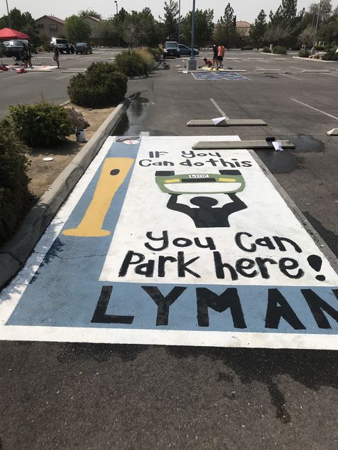 Senior Car Parking Spots, Parking Spot Painting Boys, Student Parking Spot Ideas, Funny Senior Parking Spaces, Parking Spot Designs, Funny Parking Spot Painting Ideas, Funny Senior Parking Space Ideas, Taylor Graduation, Painted Parking Spots Senior